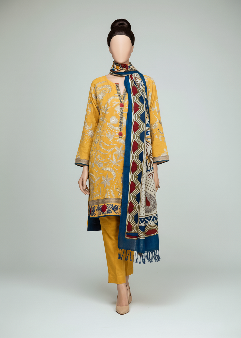 SMT Z-(W538)- Stitched Embroidered 3pc khaddar dress With Printed shawl.