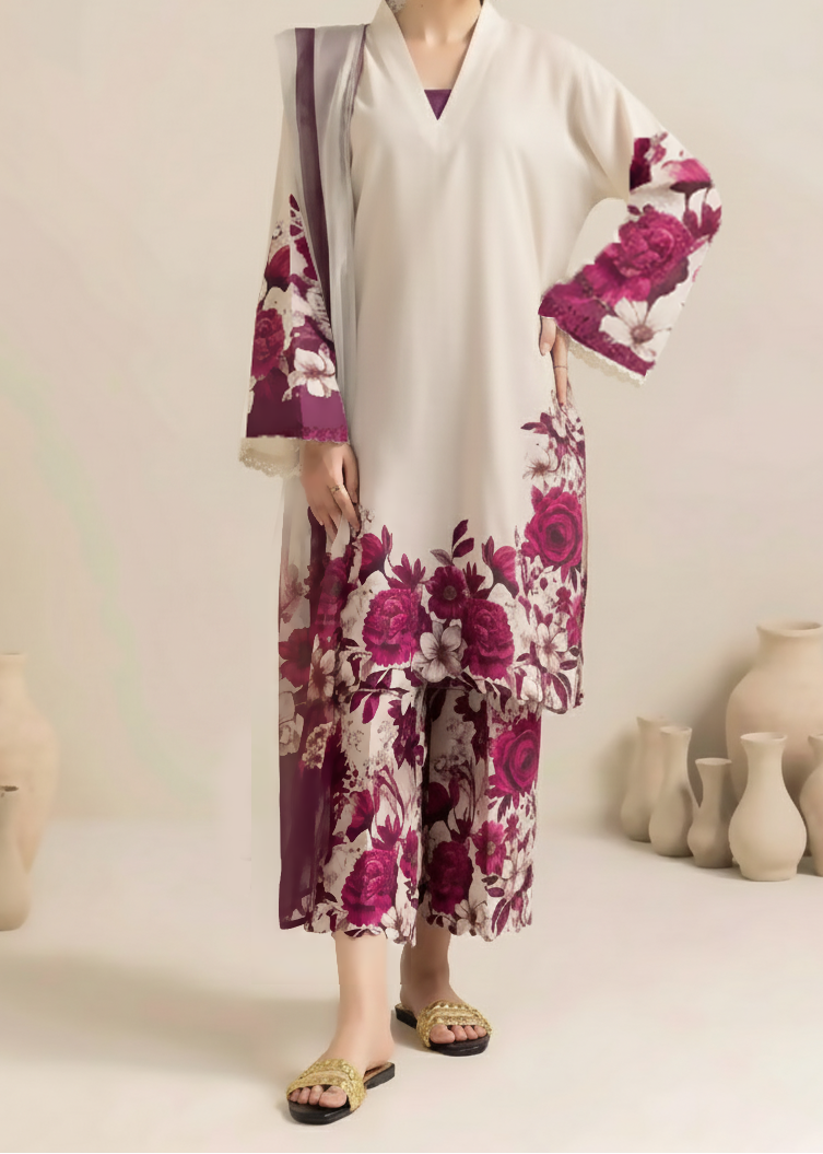 SMT W906 - Digital Printed 3pc Karandi Dress With Digital Printed Karandi Shawl.